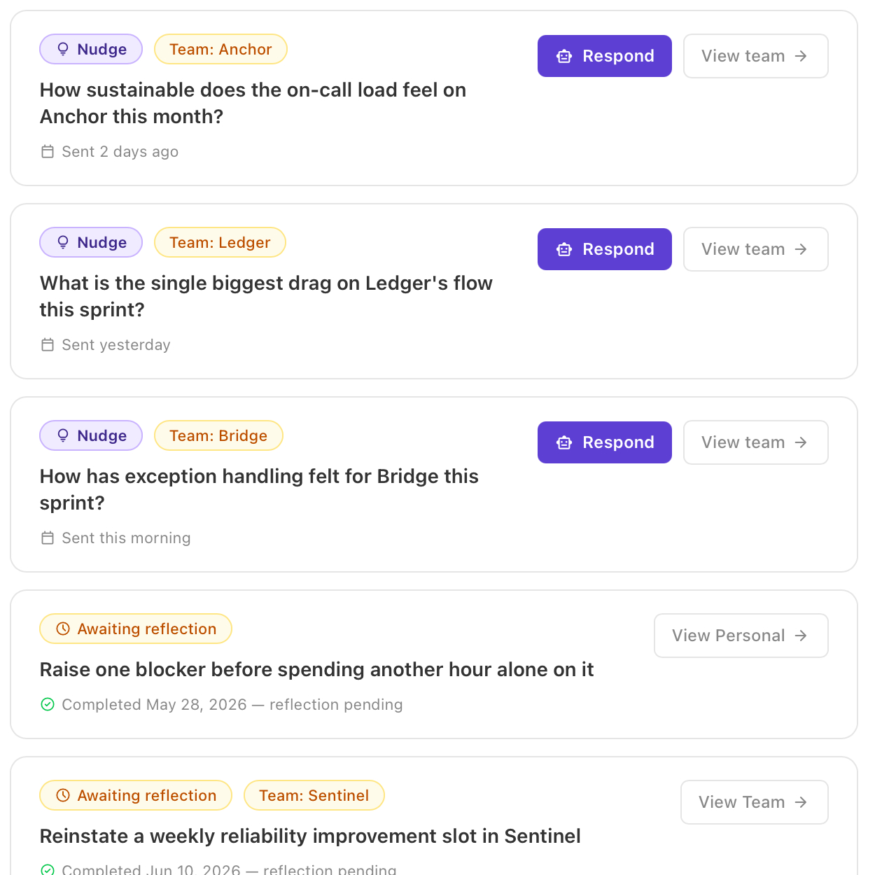 Continuous human-signal check-ins captured in the flow of work